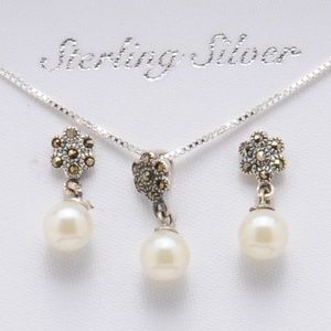 Silver Pearl & Marcasite Necklace & Dangle Earrings